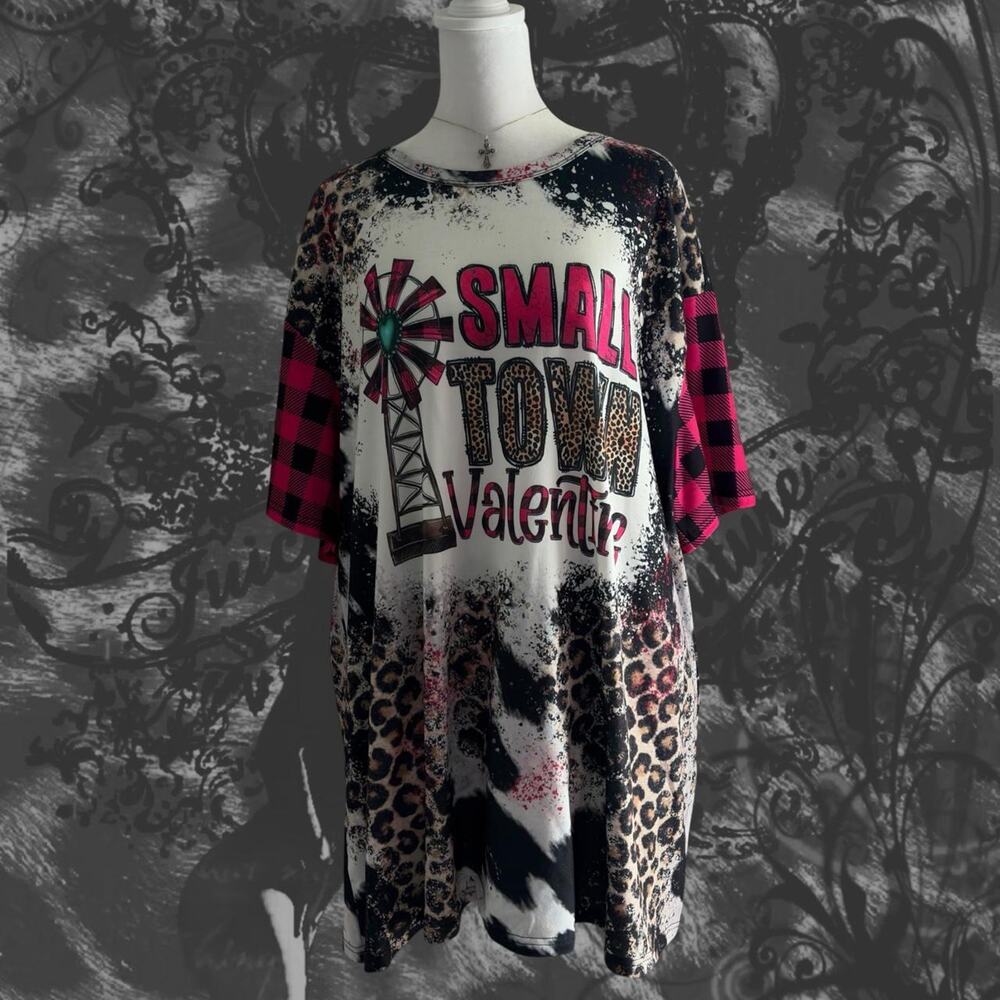 โsmall town valentineโ mixed leopard cow buffalo plaid print country core top
